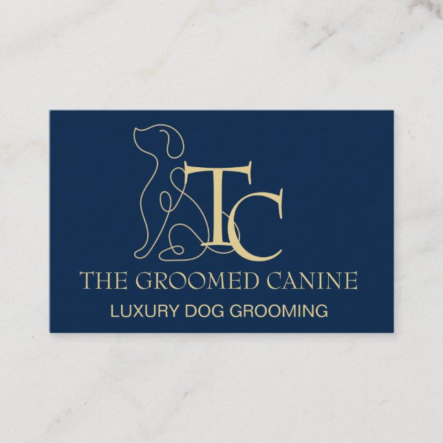 Dog Grooming Business Card Oxford Blue & Gold Visitkort (Framsida)