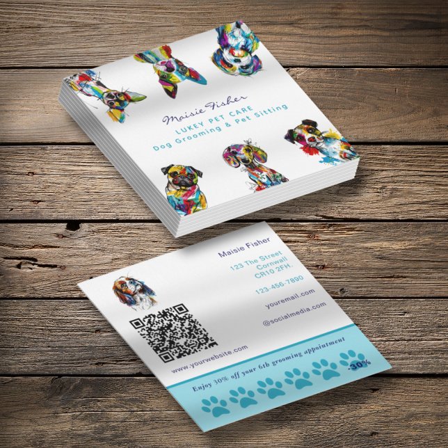 Dog Grooming QR Code & Loyalty Business Card Fyrkantigt Visitkort (Skapare uppladdad)