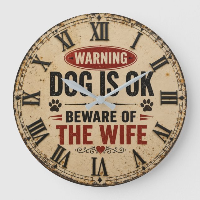 Dog Is OK Beware of the Wife Funny Stor Klocka (Framsida)