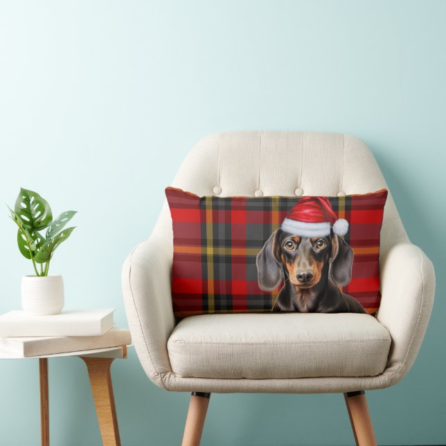 Dog Lover Christmas Dachshund Red Holiday Plaid Lumbarkudde (Stol)