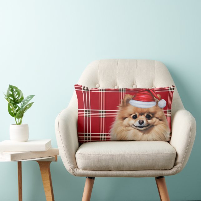 Dog Lover Christmas Pomeranian Holiday Plaid Lumbarkudde (Stol)