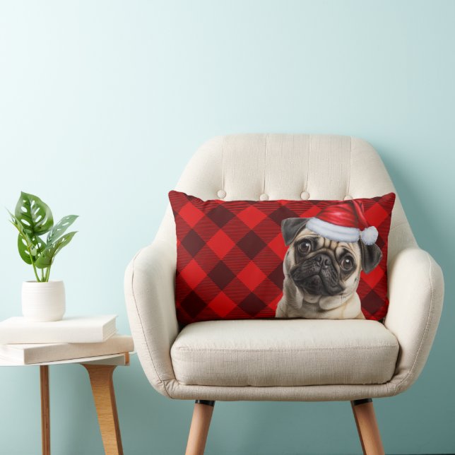 Dog Lover Christmas Pug Red Buffalo Holiday Plaid Lumbarkudde (Stol)