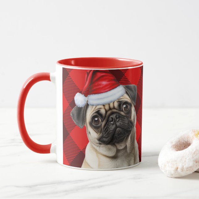 Dog Lover's Pug Holiday Red Buffalo Plaid Mugg (Med munk)