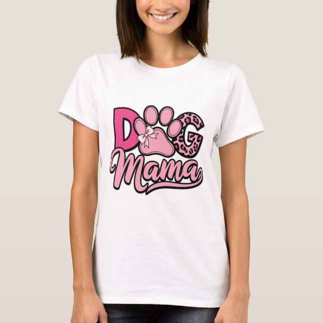 Dog Mama Cute Pink Paw Print & Leopard Print Pet T Shirt (Framsida)