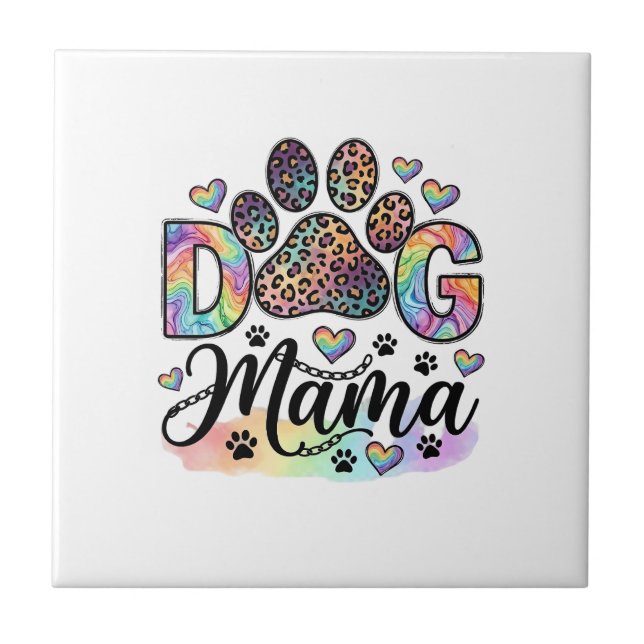 Dog Mama Paw Leopard Regnbåge Vattenfärg Hjärtan_1 Kakelplatta (Framsidan)