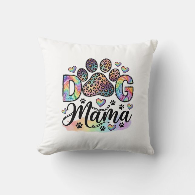 Dog Mama Paw Leopard Regnbåge Vattenfärg Hjärtan_1 Kudde (Framsida)