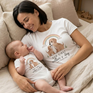 Dog Mamma Valp Första Mors Dag Pastell Regnbåge T Shirt
