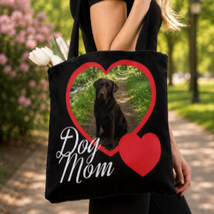 Dog Mom Skrift Rött Hjärta Foto Svart Tygkasse