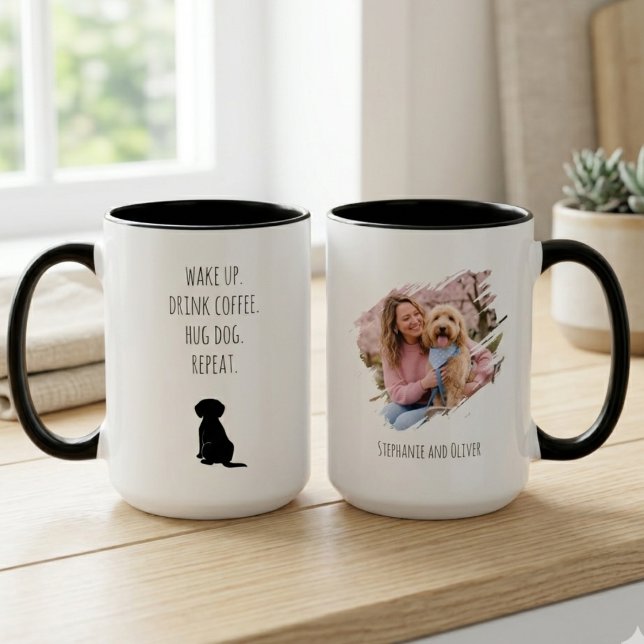 Dog Mum Vakna Drick Kaffe Upprepa Mugg (Two-tone dog mom photo mug with a funny morning routine quote for a pet lover's birthday gift.)