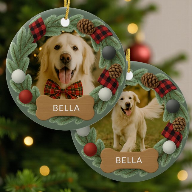 Dog Name Photo Holiday Christmas Wreath Julgransprydnad Keramik (Skapare uppladdad)