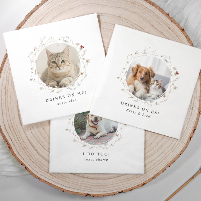 Dog Napkins Drinks on Us Elegant Wedding Pappersservett (Cute elegant wedding napkins with pet photo and watercolor wildflower design, “drinks on us” text.)