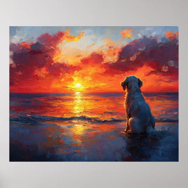 Dog on the Beach Watching the Sunset Poster (Framsidan)