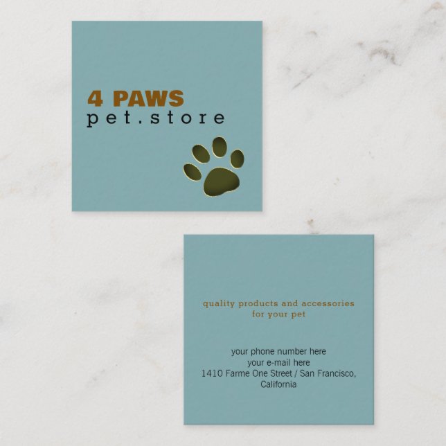 Dog Paw | Pet Store blue modern Fyrkantigt Visitkort (Fram/baksida)