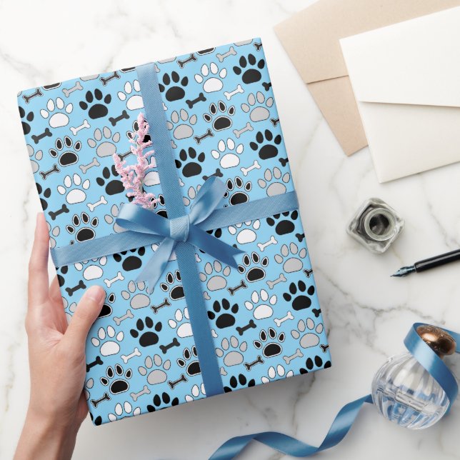 Dog Paw Prints and Bones Pattern Blue Presentpapper (Gifting)