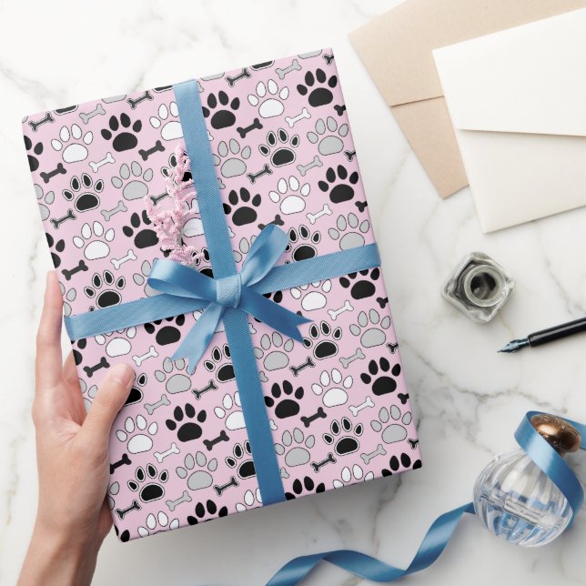 Dog Paw Prints and Bones Pattern Pink Presentpapper (Gifting)