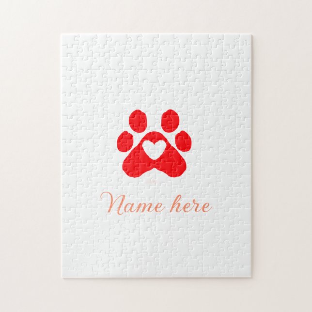 Dog paw red heart pet add name text animal paw  pussel (Vertikal)