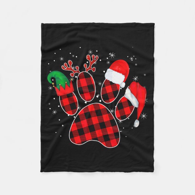 Dog Paws Christmas Buffalo Plaid Paw Santa Elf Rei Fleecefilt (Framsidan)