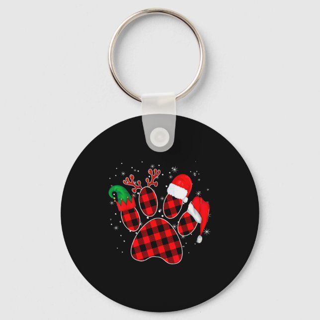 Dog Paws Christmas Buffalo Plaid Paw Santa Elf Rei Nyckelring (Framsida)
