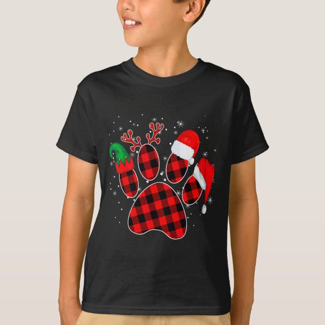 Dog Paws Christmas Buffalo Plaid Paw Santa Elf Rei T Shirt (Framsida)