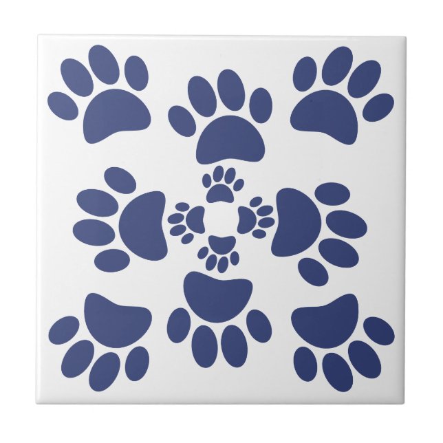 Dog Paws Prints Portuguese Style White and Blue  Kakelplatta (Framsidan)