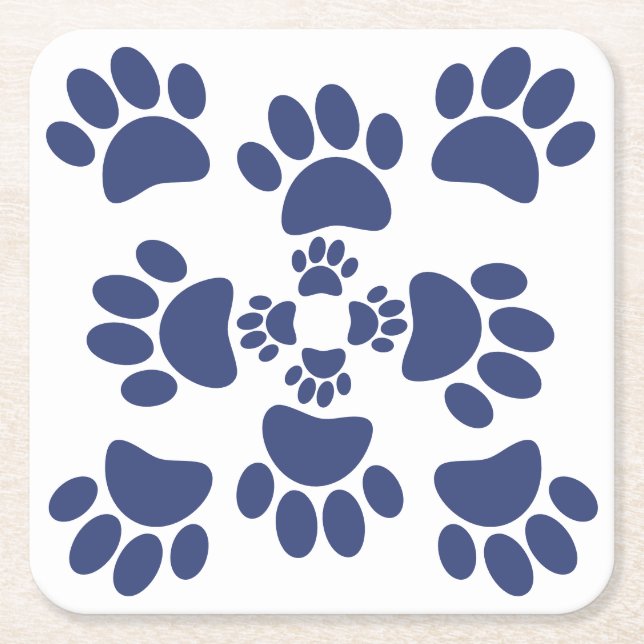 Dog Paws Prints Portuguese Style White and Blue  Underlägg Papper Kvadrat (Framsidan)