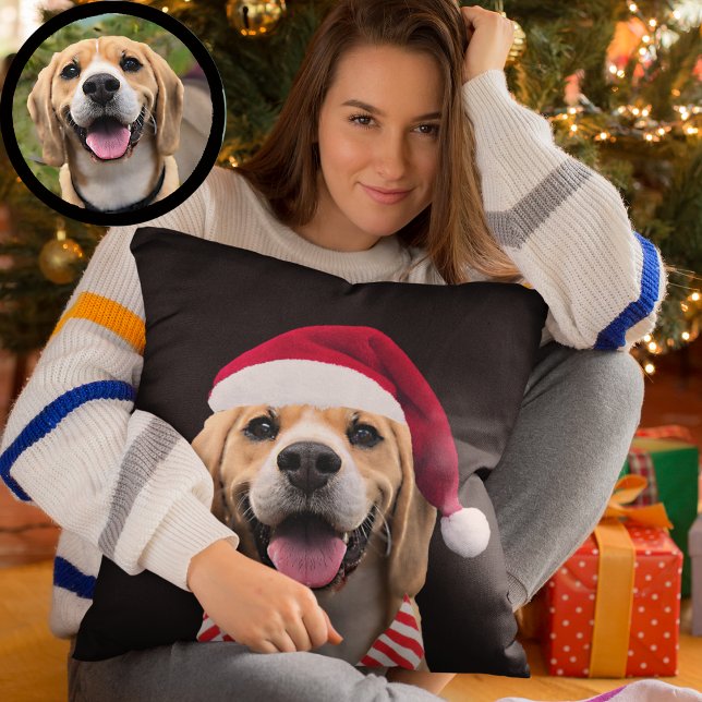 Dog Pet Photo with Digital Santa Hat  Scarf Gift Kudde (Skapare uppladdad)