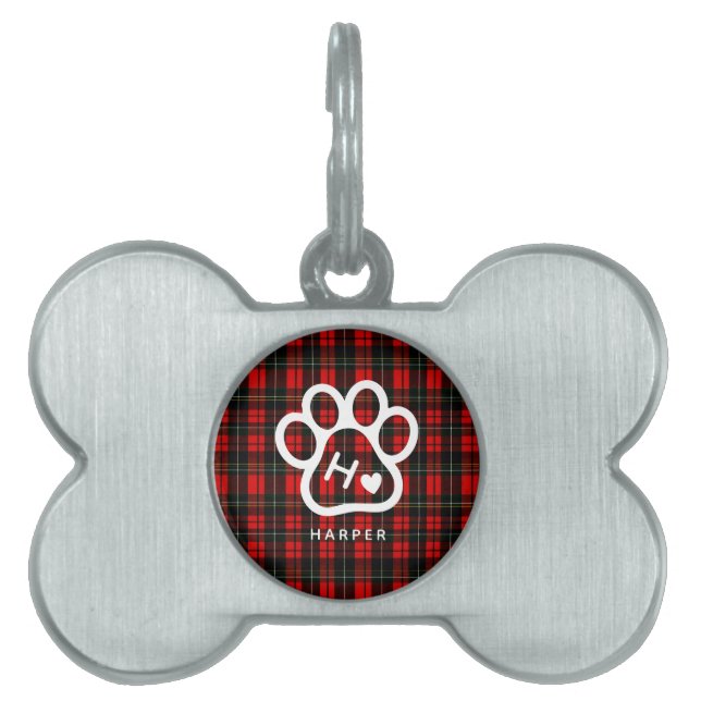  Dog Pets Monogram Name Paw Heart Tartan ID-bricka Husdjur (Framsidan)