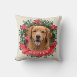 Dog Photo and Name Poinsettia Wreath Holiday Plaid Kudde