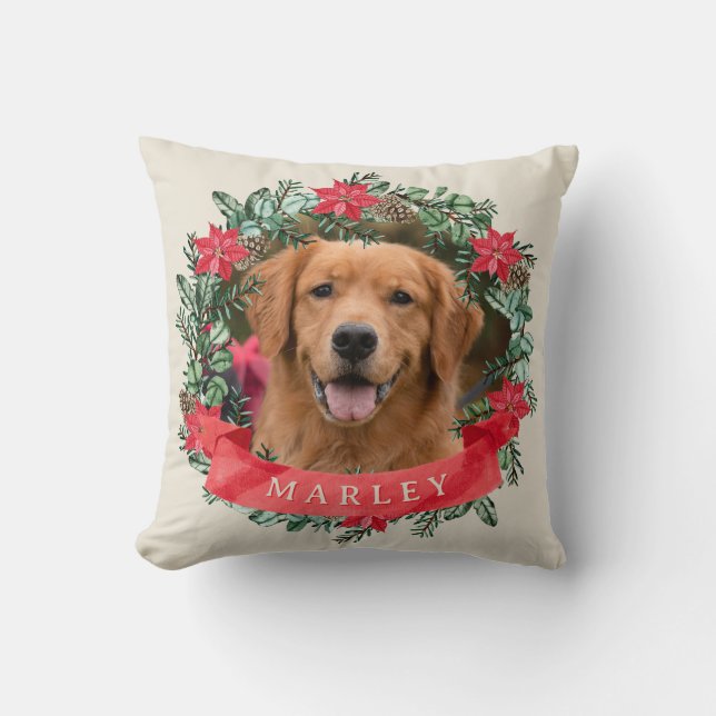 Dog Photo and Name Poinsettia Wreath Holiday Plaid Kudde (Framsida)