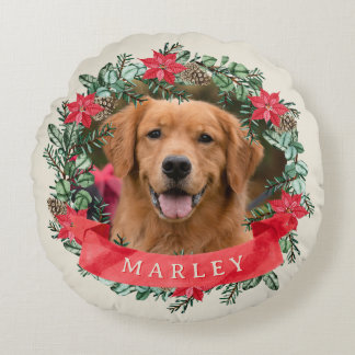 Dog Photo and Name Poinsettia Wreath Holiday Plaid Rund Kudde