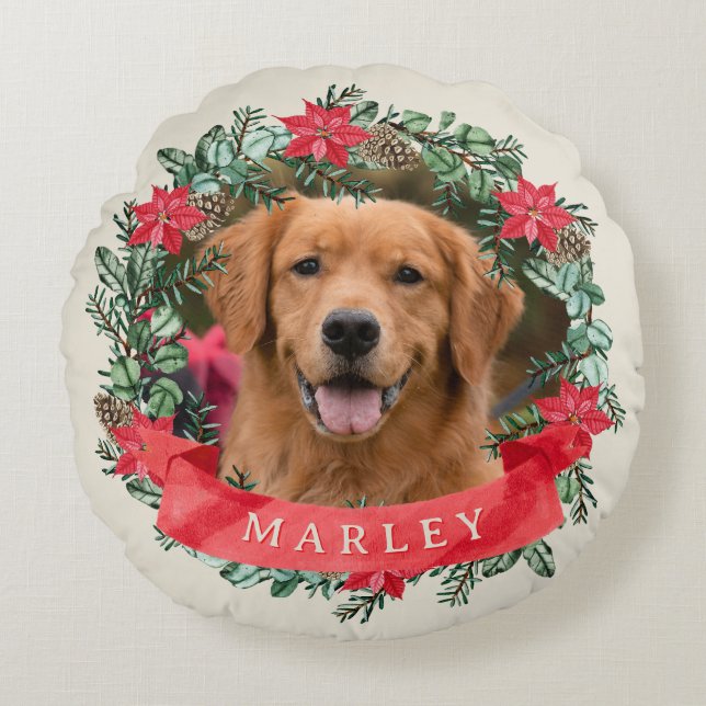 Dog Photo and Name Poinsettia Wreath Holiday Plaid Rund Kudde (Framsidan)