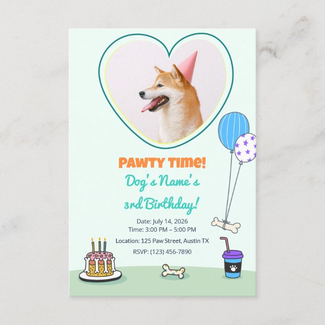 Dog Photo Pet Pawty Birthday Party Design Theme Inbjudningar (Framsida)