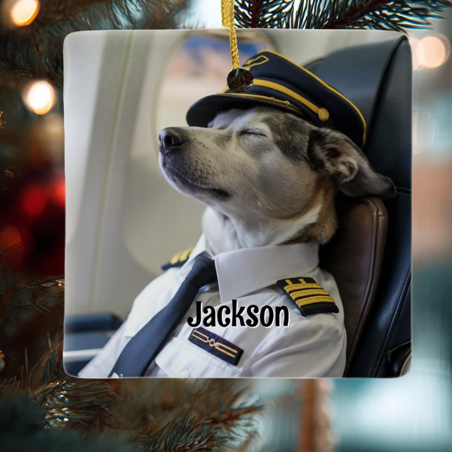 Dog Pilot & Airplane Funny Aviation Christmas Fun Julgransprydnad Keramik (Skapare uppladdad)