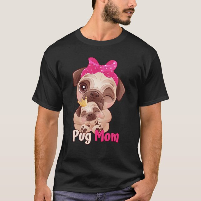 Dog  Pink Bow Cute Pug Mom T Shirt (Framsida)