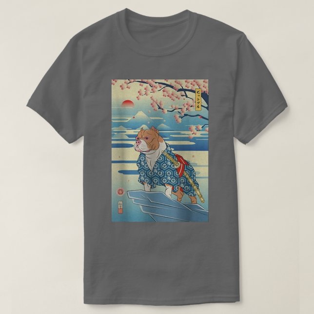 Dog Pitbull Samurai Ukiyoe Spring  (2) T Shirt (Design framsida)