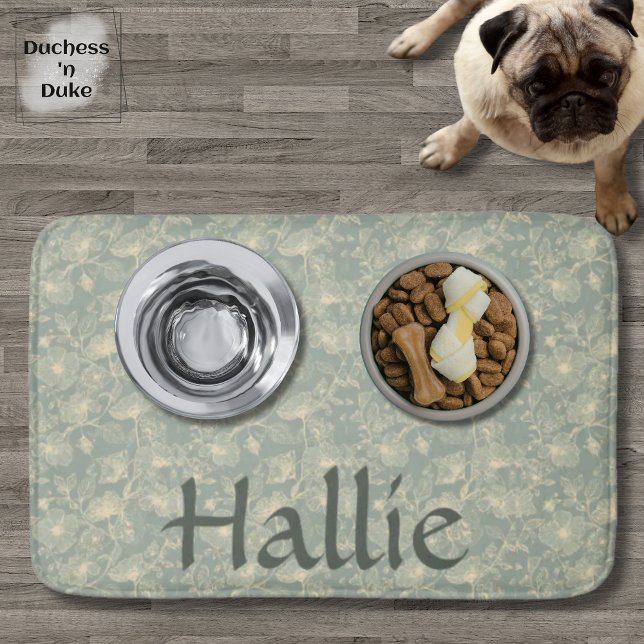Dog Placemat - Sage Green Botanical, Personalized  Badrumsmatta (Personalized Sage Green Botanical Pet Placemat Bath Mat on wood floor with pet bowls)