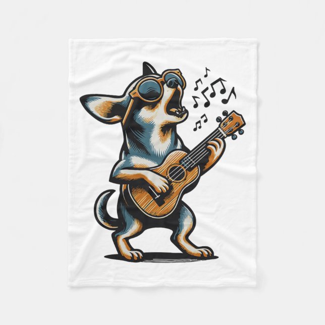 Dog Playing Guitar Singing Chihuahua Funny Dog Mar Fleecefilt (Framsidan)