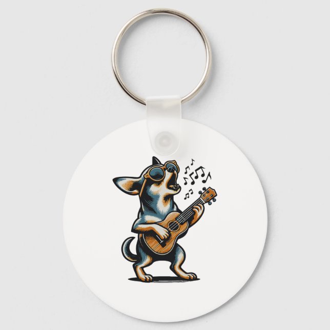 Dog Playing Guitar Singing Chihuahua Funny Dog Mar Nyckelring (Framsida)