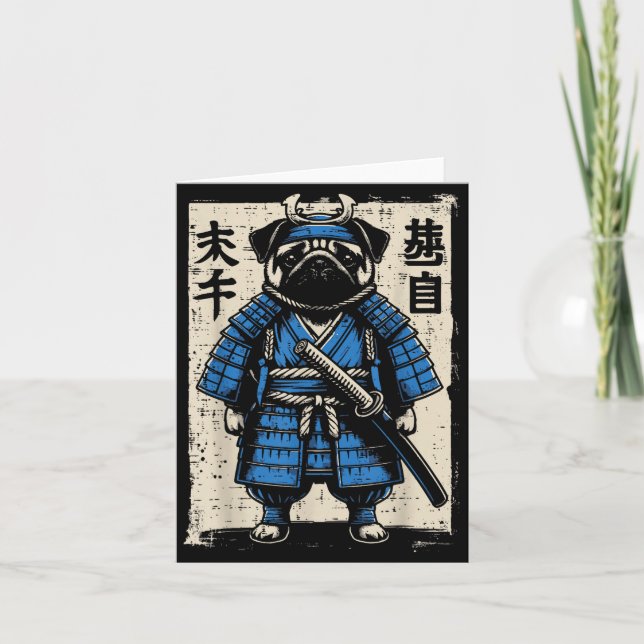 Dog Pug Samurai Funny Japanese Warrior Art Men Wom Kort (Framsida)