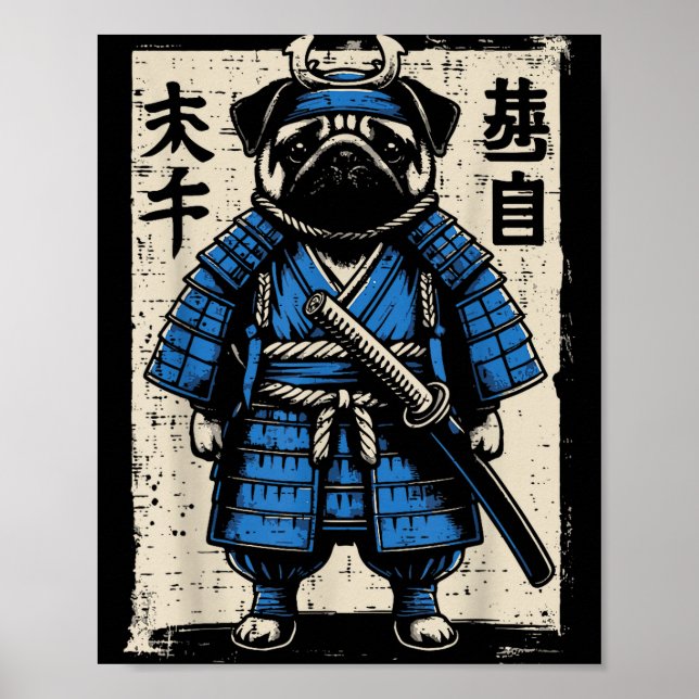Dog Pug Samurai Funny Japanese Warrior Art Men Wom Poster (Framsidan)