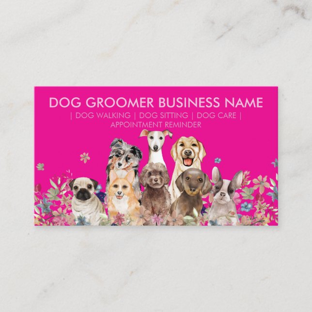 Dog Puppies Flowers | Pink Pet Appointment Visitkort (Framsida)