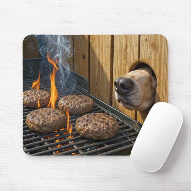 Dog Sniffing Hamburgers On a Barbecue Grill Musmatta (Med mus)