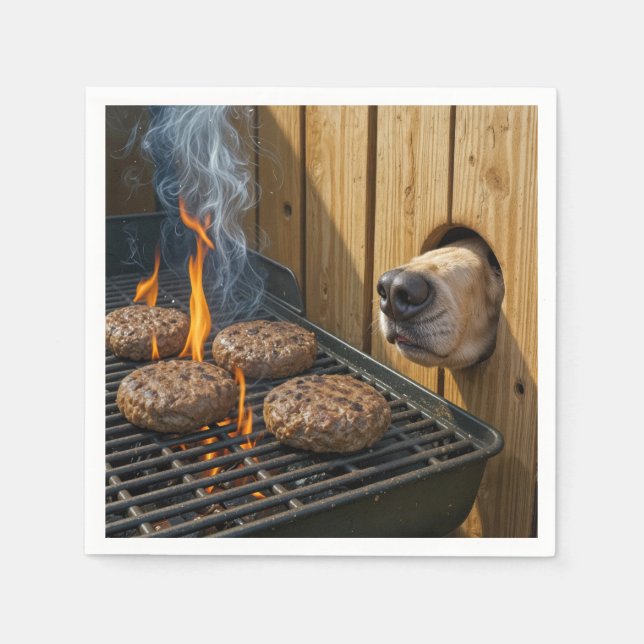 Dog Sniffing Hamburgers On a Barbecue Grill Pappersservett (Framsidan)