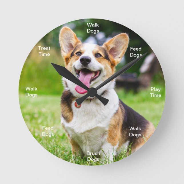 Dog Time Wall Clock Corgi Rund Klocka (Framsida)