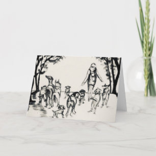 Dog Walker Charcol Teckning Kort