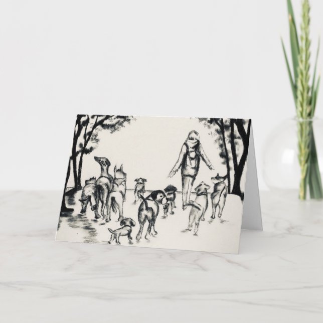 Dog Walker Charcol Teckning Kort (Framsida)
