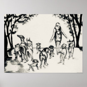 Dog Walker Charcol Teckning Poster