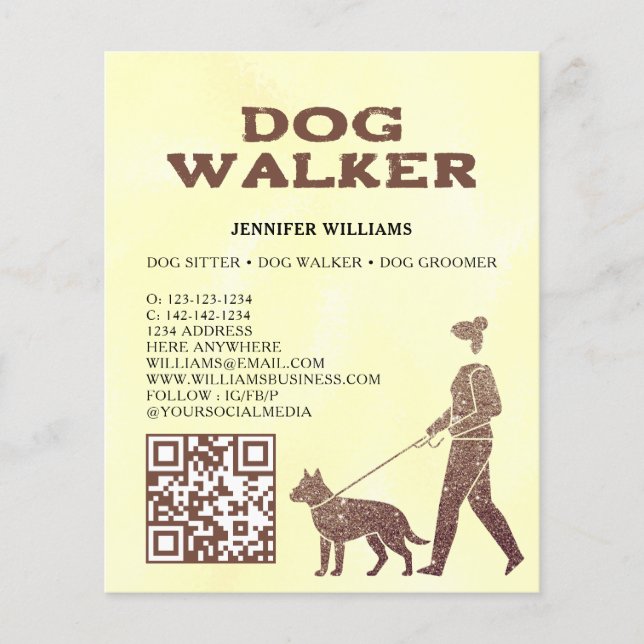 Dog Walker Faux Guld Glitter QR Code Pet Services Flygblad (Framsidan)