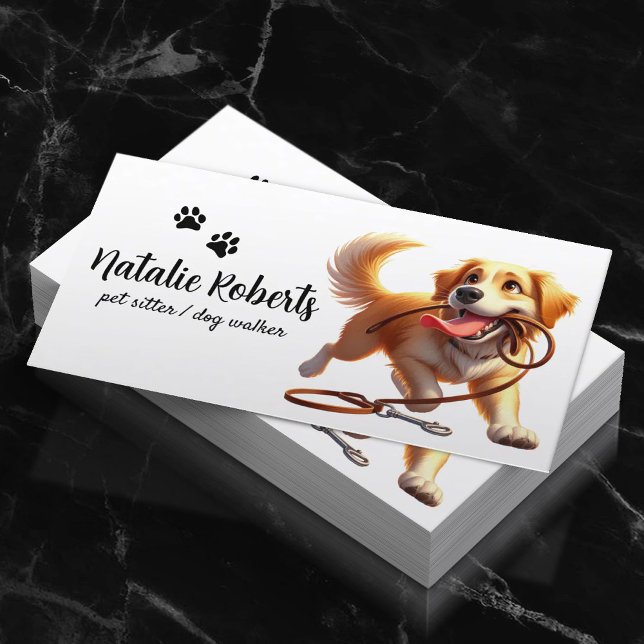 Dog Walker Pet Sitta Lycklig Hund Biting its Leash Visitkort (Skapare uppladdad)