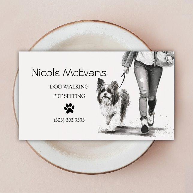 Dog Walker Pet Sitter Black and White Visitkort (Dog Walker Watercolor Pet Sitter Business Card)